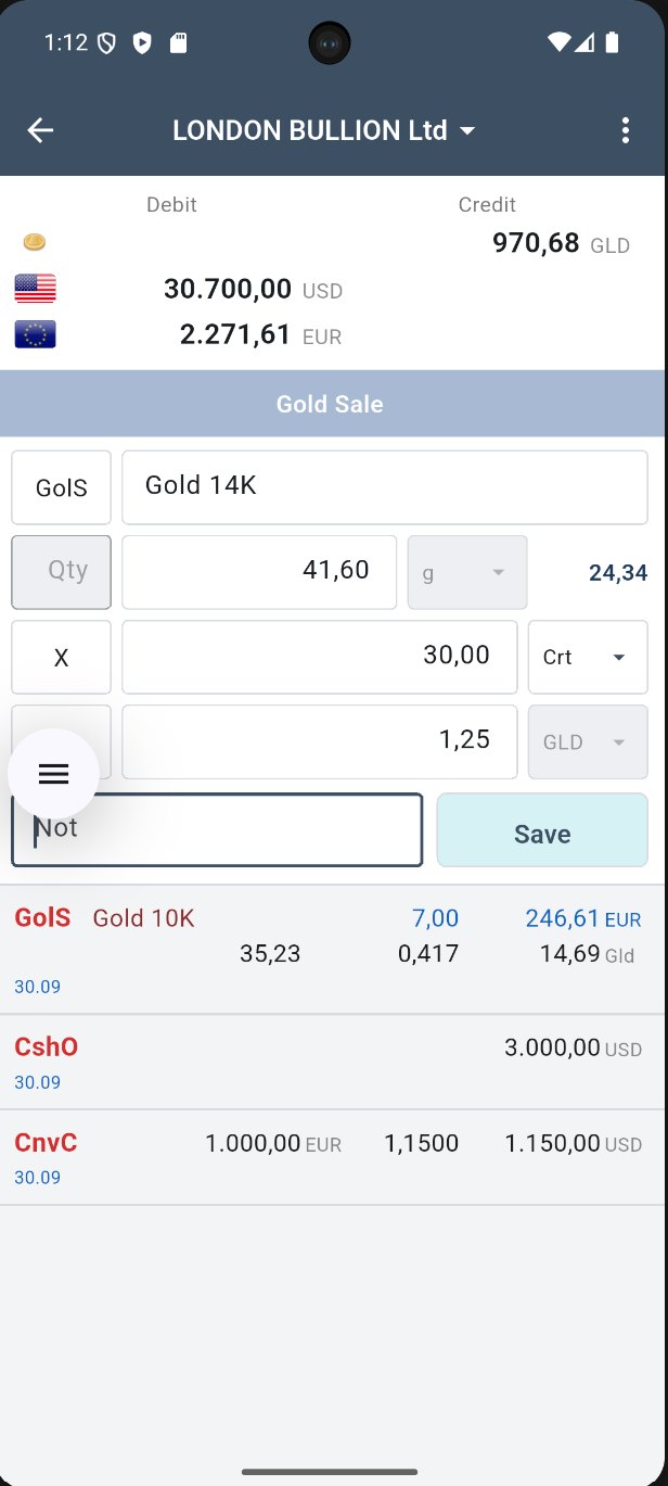 Gold sale entry: 41.60 g at 0.585 fineness equals 24.34 g fine gold