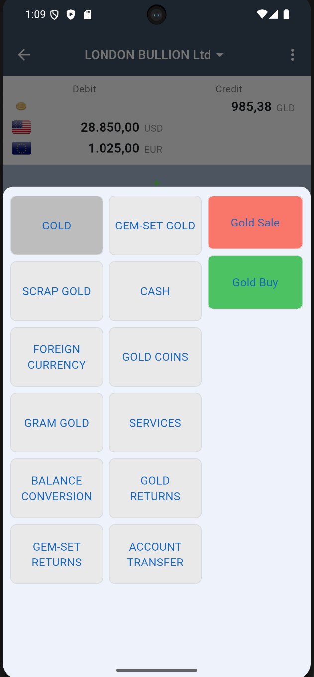Job menu: gold, gem-set gold, scrap, cash, foreign currency, gold coins, gram gold, services, balance conversion, returns, account transfer