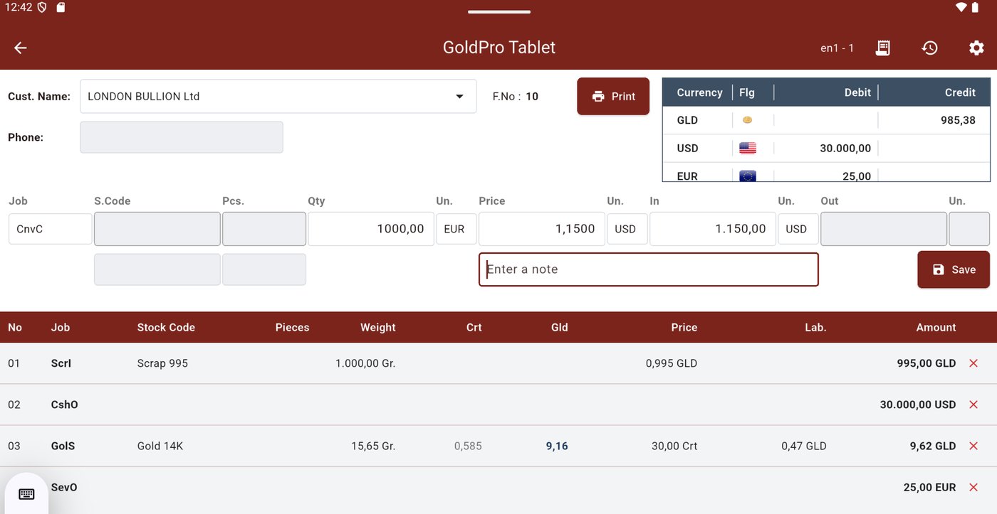Tablet entry screen with the currency balance table